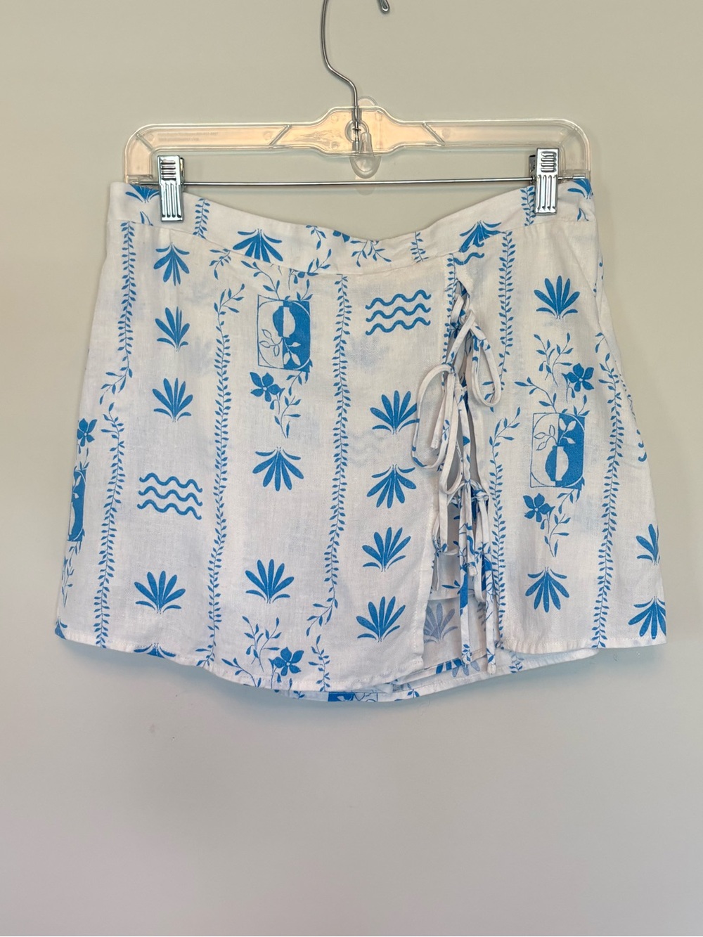Wild Fable Linen Blend Blue White Mediterranean Faux Wrap Skort Skirt M